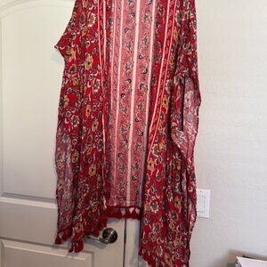 Red Floral Kimono with Pom poms